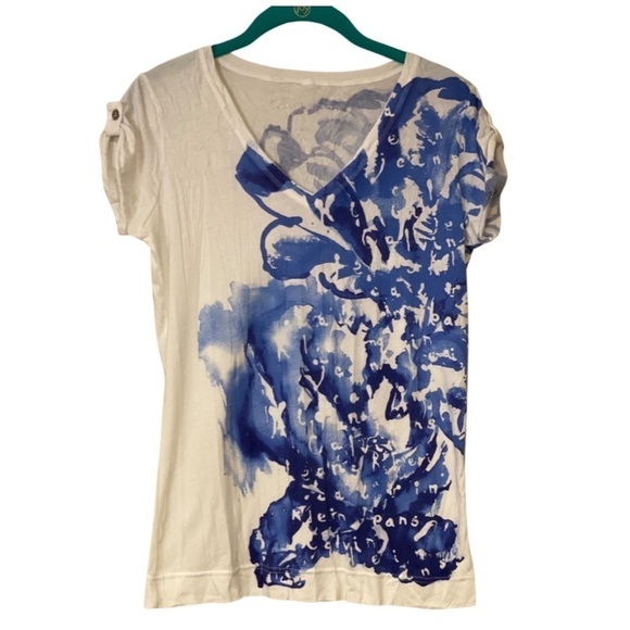 Calvin Klein Jeans Blouse White with Blue Floral Print Size XS ☀️ - Picture 1 of 12